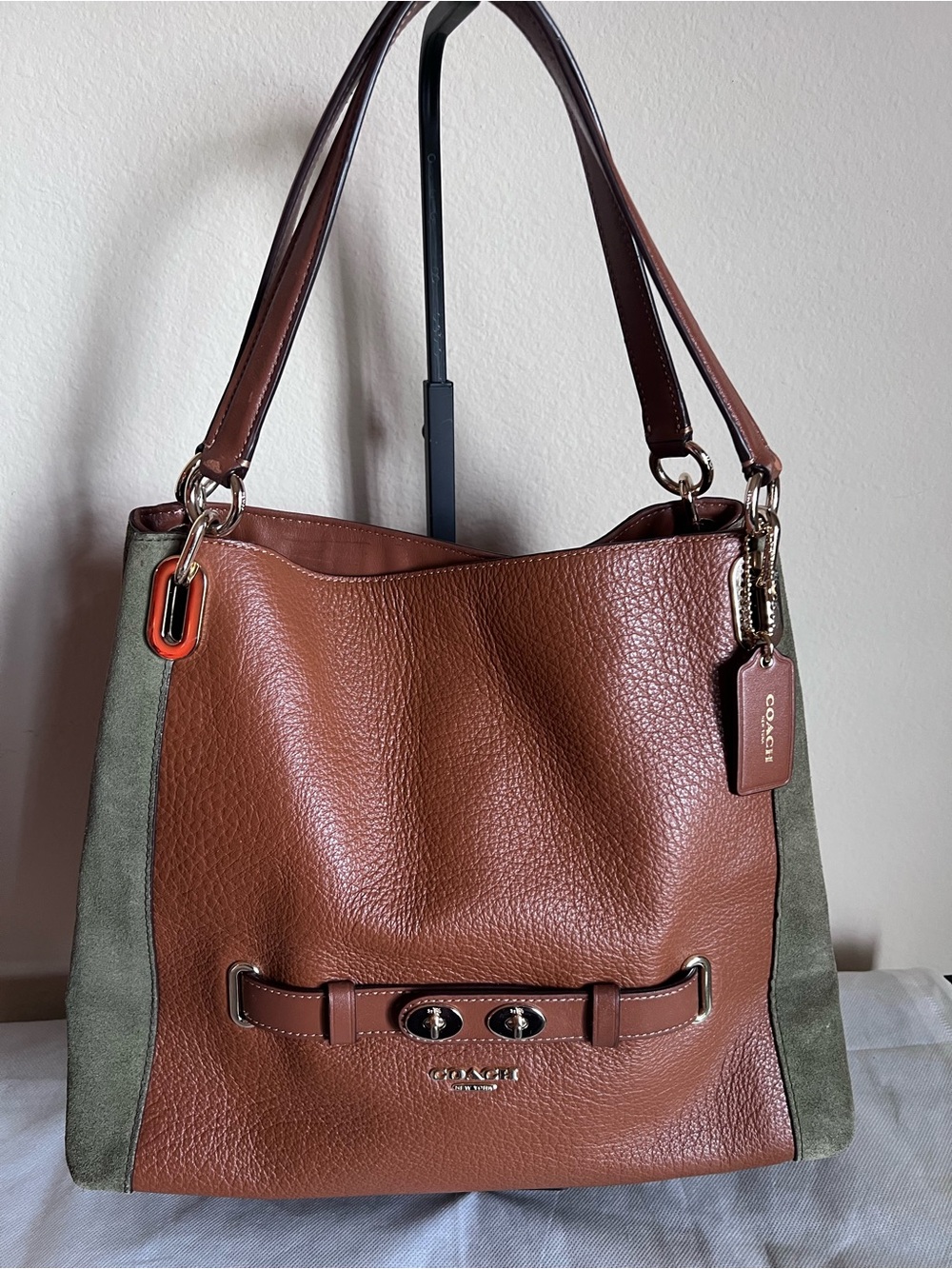 Coach Brown Leather Shoulder Bag with Green Suede Panels